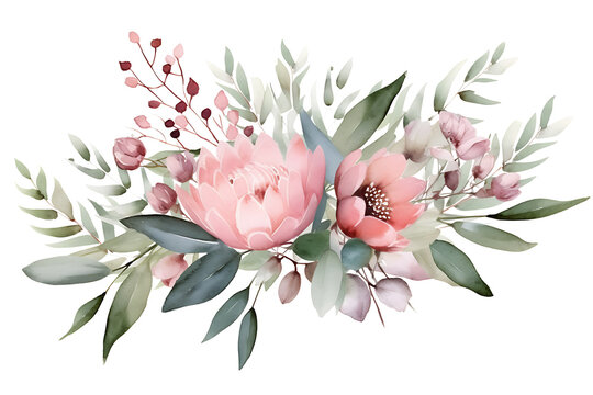 Watercolor Floral Illustration. Pink Flowers and Eucalyptus Greenery Bouquet Frame