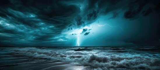 Storm with lightning over the sea coast. - obrazy, fototapety, plakaty