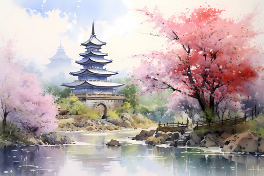Spring in a Japanese garden with cherry blossoms, showcasing traditional architecture, temples, ponds, and the serene beauty of nature in Asia, including elements from Bali and Indonesia