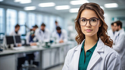 Fototapeta premium Female medical scientist/doctor with white lab dress in laboratory