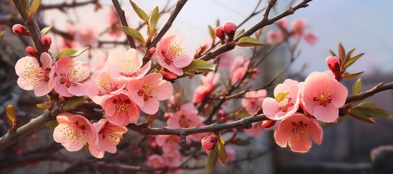 A sprig of blossoming peach. 
​Concept of organic healthy food and non-GMO fruits. Banner