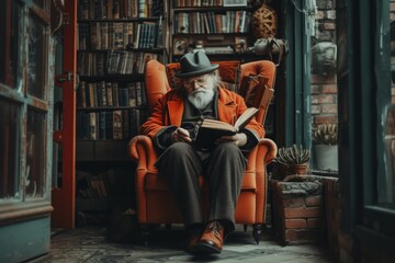 Elderly man reading in a cozy library corner, exuding wisdom and tranquility amidst antique books. Perfect for lifestyle and culture themes.