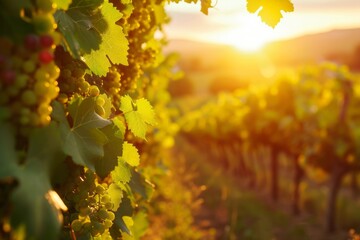 Bushes of white grapes in the sun. The concept of development of viticulture and winemaking.
