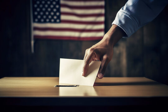 generated illustration of close-up of male hand putting voting card into the ballot box, Presidential election in United States of America.