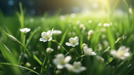 Green grass with small flowers, environment background, Go green. 