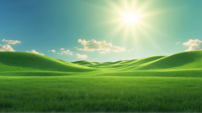 Green grassland background, with sunlight, environment and go green concept. 