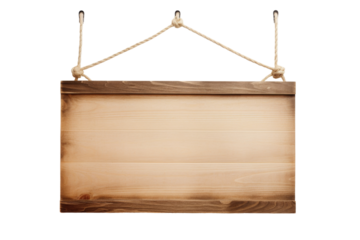 Empty wooden signboard hanging with rope, perfect for custom messages and signs, isolated on a transparent background with PNG clip art format