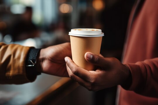 Barista's Hands Serving Latte in Paper Cup AI Generated