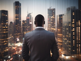 Fototapeta na wymiar Back view of an African-American businessman in a formal suit against the backdrop of skyscrapers in the business district of the city. Success and prosperity. Hard work in finance. 