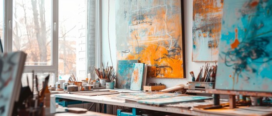 Vibrant artist's studio with paintings and brushes, inspiring creative workspace.