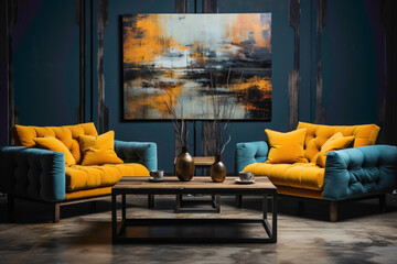 Picture the inviting atmosphere of a room adorned with blue and yellow sofas, complemented by a wooden table against a blank canvas. Visualize an empty frame on the wall.