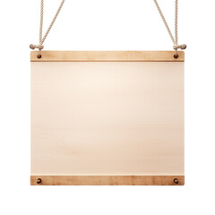 Empty wooden signboard hanging with rope, perfect for custom messages and signs, isolated on a transparent background with PNG clip art format
