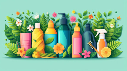 Spring Cleaning concept background with an illustration of colorful detergent bottles and brushes surrounded by green spring season leaves - obrazy, fototapety, plakaty
