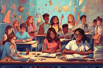 Vibrant illustration of diverse students in a dynamic study session, symbolizing collaboration and learning