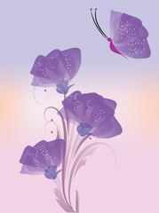composition with purple flowers and purple butterfly - 721068459