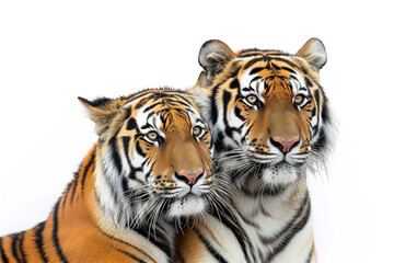 Tiger and tigress close-up portrait  isolated on white background - obrazy, fototapety, plakaty