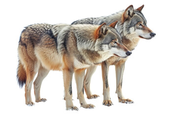 Wolfs couple. Wolf and she-wolf together, isolated on white background. Wild animals themes