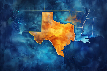 US Texas state highlighted on the abstract map of USA. In style of watercolor with rough bold brushstrokes, smudge and spatter