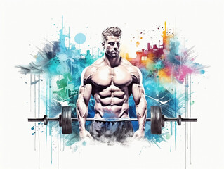 bodybuilding gym art concept, watecolor banner illustration isolated on white 