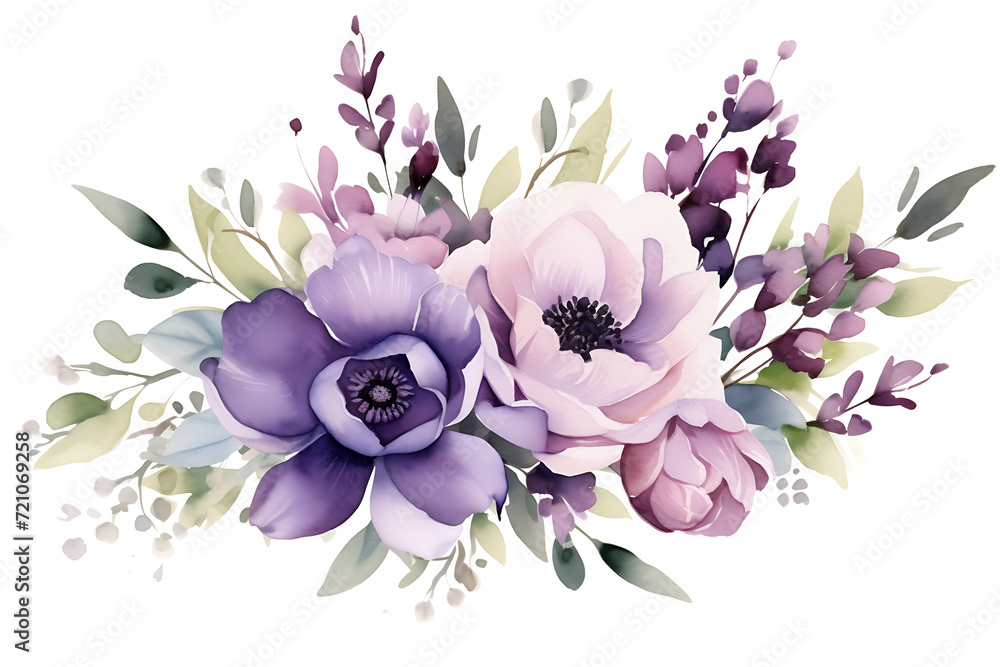 Wall mural watercolor floral illustration: purple flowers and eucalyptus greenery bouquet frame