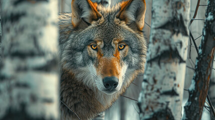 Fototapeta premium A vigilant wolf with piercing eyes, camouflaged against the snowy backdrop of a birch forest, exuding the serene intensity of the wild.