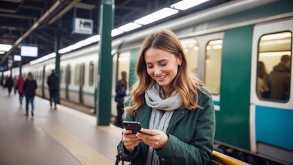 A happy woman writes SMS on a smartphone and looks at the distance at the station.