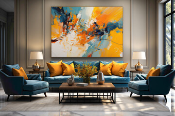 Picture the lively ambiance of a space adorned with blue and yellow sofas, creating an understated elegance against a blank canvas. Envision an empty frame on the wall.