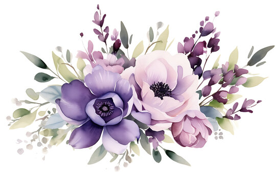Watercolor Floral Illustration: Purple Flowers and Eucalyptus Greenery Bouquet Frame