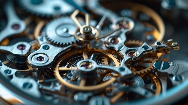 Close-up of intricate watch gears and cogs with a depth of field. Perfect for themes of time, precision, and technology.