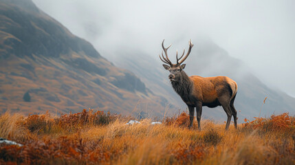 Fototapeta premium Majestic Stag Overlooking Misty Highland Landscape.A regal stag stands atop a rocky outcrop, surveying the misty, autumn-hued highland landscape stretching into the distance.