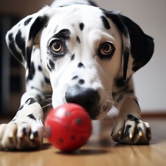 Dalmatian Dog Playing With Red Ball