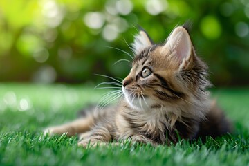 Naklejka na ściany i meble Lovely cute fluffy kitten relaxing on a green grass in the garden