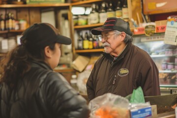 Senior shopkeeper in a warm interaction with customer at a cozy local store.