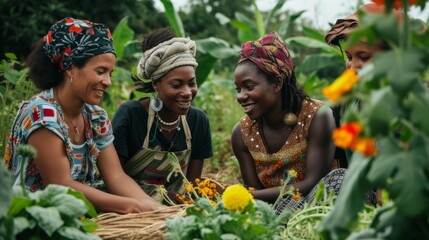 Diverse women joyfully tending plants in a lush garden, sharing traditional agricultural knowledge.