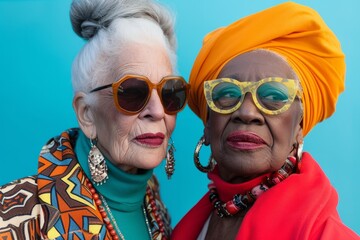 Two stylish senior women with vibrant headwraps and sunglasses, exuding confidence and elegance. Ideal for diverse fashion themes.