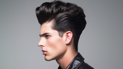 Classic men's pompadour with a modern twist, featuring a high volume top, tapered sides, and a clean fade for a timeless yet contemporary look.