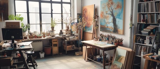 Bright and cozy artist studio with paintings, easel, brushes, and plants, inspiring creative...