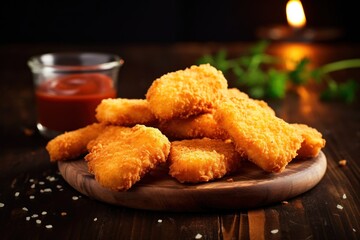 Delicious Minimal Style Chicken Nuggets on Rustic Wooden Background AI Generated