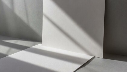   the delicate interplay of light and shadows on two vertical sheets of textured white paper, elegantly laid on a soft gray table background, architecture interior   ,background with texture
