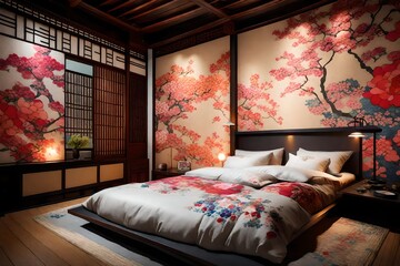 An artistic South Korean-inspired bedroom, adorned with traditional hanbok fabrics as wall art, a low platform bed, and subtle lighting creating a serene and cultural atmosphere.