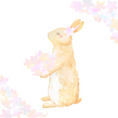 Obraz premium 桜とウサギの可愛らしい春アイコン。水彩で描いた柔らかなイラスト。
