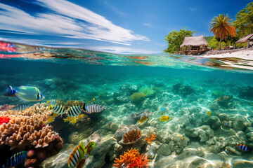 Underwater and overwater views sea life, beach and sky on a sunny day