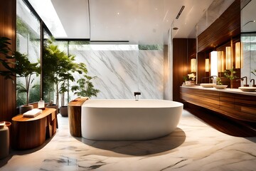 Fototapeta na wymiar A modern Thai-inspired bathroom with a mix of marble and teak, a freestanding bathtub, and soft lighting, creating a luxurious and tranquil bathing space.