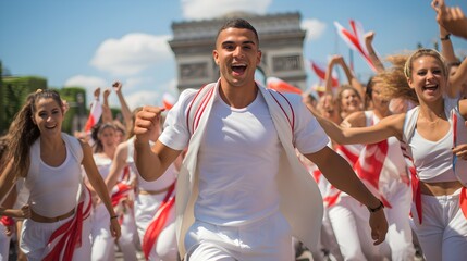 Energetic dancers celebrate with a joyful parade in white and red attire in front of the Arc de...