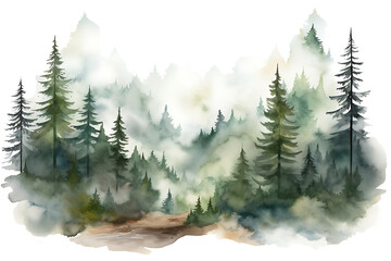 Watercolor Foggy Forest Landscape: Wild Nature in Wintertime