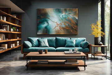 Picture the tranquility of a living space adorned with brown and teal sofas and a wooden table. 