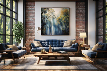 Picture the tranquility of a living space adorned with dark blue and grey sofas and a wooden table. 
