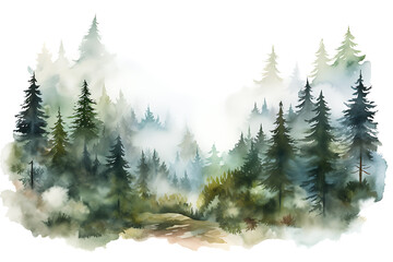 Fototapeta na wymiar Watercolor Foggy Forest Landscape: Wild Nature in Wintertime