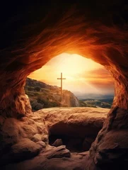 Deurstickers empty tomb with cross on mountain with amazing sunrise. Creative idea Easter. Religion and Christianity. Open empty cave with sunset view. Free copy space - generative ai © Nia™