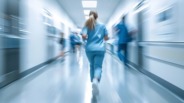 Medical Team in Motion: Blurred Hospital Hallway During Emergency